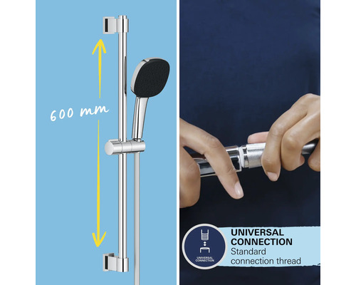 Sprchová tyč s ruční sprchou a rozměrem 600 mm a symbolem pro univerzální připojení se standardním připojovacím závitem