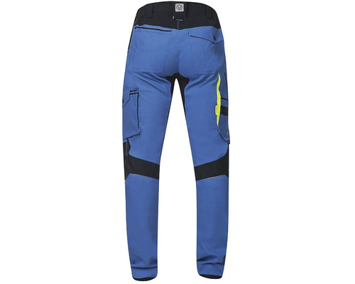 Modré pracovní kalhoty s kapsami a černými detaily zezadu.