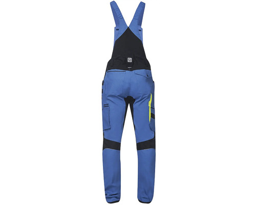 Modré pracovní kalhoty s laclem a šlemi zezadu.
