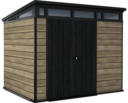 Zahradní domek s dvoukřídlými dveřmi, bočními okny a dřevěným obkladem