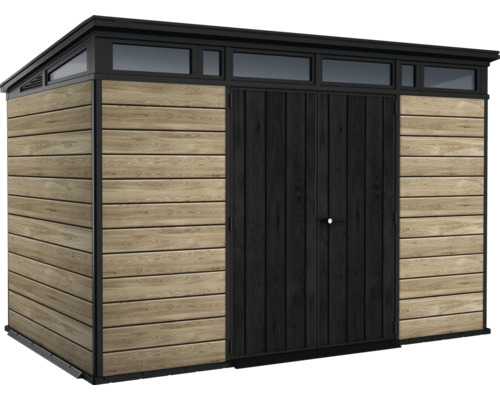 Zahradní kůlna s dvoukřídlými dveřmi a okny