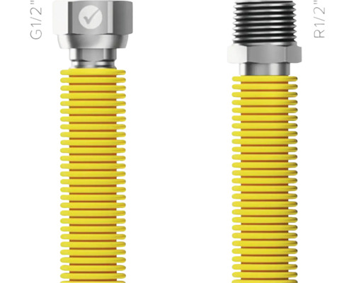 Plynová svařovaná hadice Marabell Gas Flexi R1/2"-G1/2" 30 - 60 cm, 1 kus žlutá Kovová vlnitá trubka s přípojkami G1/2 palce a R1/2 palce