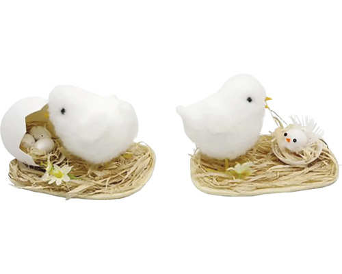 Kuřátko se skořápkou 6 x 10 x 7 cm bílé, různé druhy Dvě dekorativní figurky kuřátek v hnízdech