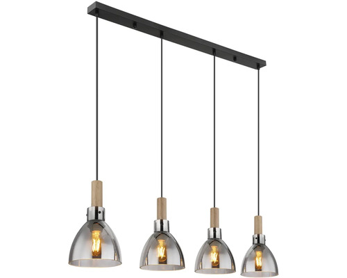 Čtyřplamenné závěsné svítidlo se skleněnými stínidly a dřevěnými prvky