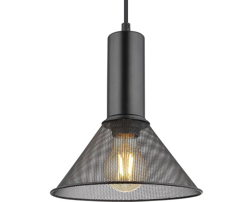 Závěsná lampa s kovovou základnou a stínidlem z drátěného pletiva