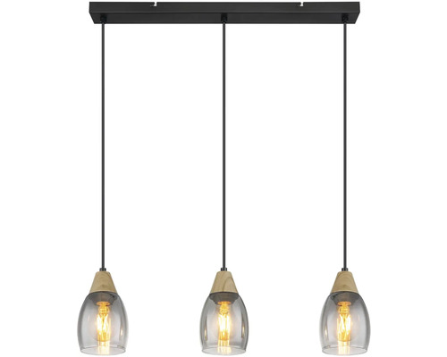 Závěsné svítidlo se třemi žárovkami, skleněné a dřevěné detaily