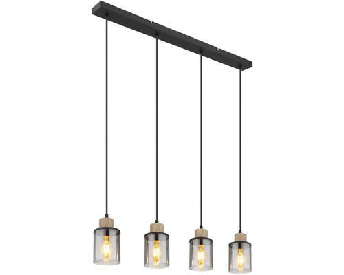 Závěsné svítidlo se čtyřmi žárovkami, skleněnými stínidly a dřevěnými detaily