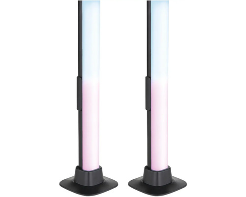 Dvě LED světla s proměnlivými barvami a černou základnou