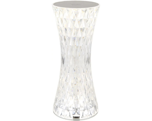 Dekorativní stolní lampa z průhledného plastu s fasetovaným designem