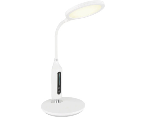 Bílá LED stolní lampa s kulatou hlavou a ovládacím panelem na základně.