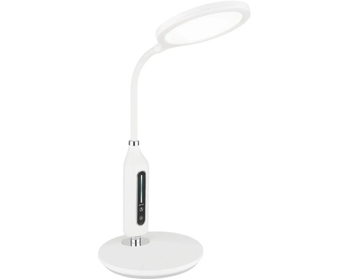 Bílá LED stolní lampa s dotykovým ovládacím panelem a flexibilním krkem.