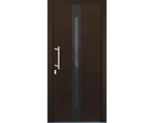 Hnědé dveře se skleněnou vložkou a klikou