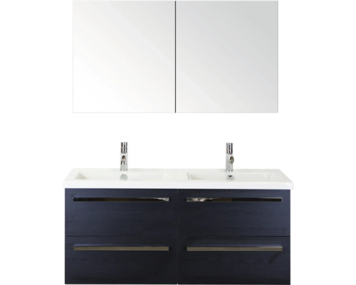 Koupelnová sestava Sanox Seville 121 cm dub černý 81767449 Umyvadlová skříňka se dvěma umyvadly, spodní skříňkou a zrcadlovou skříňkou do koupelny