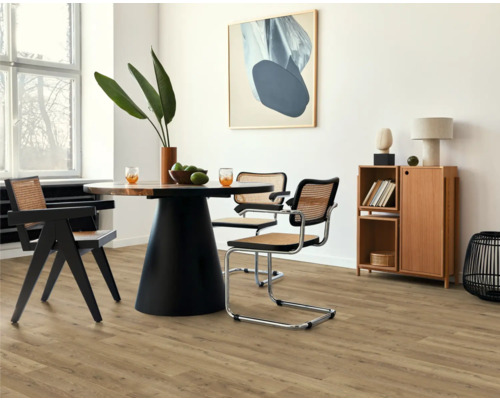 Jídelna s jídelním stolem, židlemi a dřevěnou podlahou