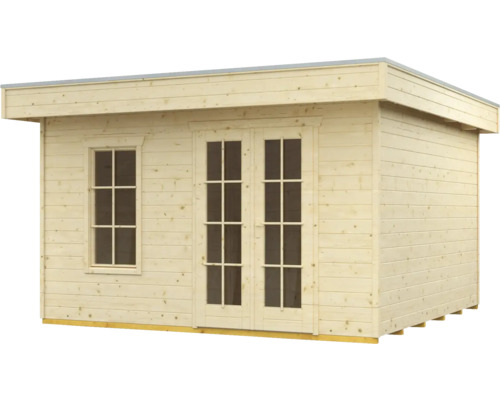 Dřevěný zahradní domek s oknem a dvoukřídlými dveřmi