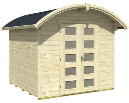 Dřevěný zahradní domek s kulatou střechou a dvoukřídlými dveřmi