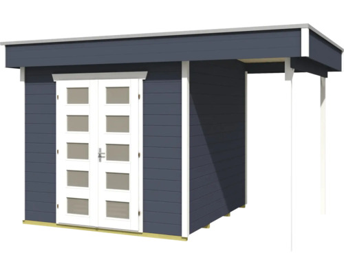 Zahradní domek s dvoukřídlými dveřmi a stříškou