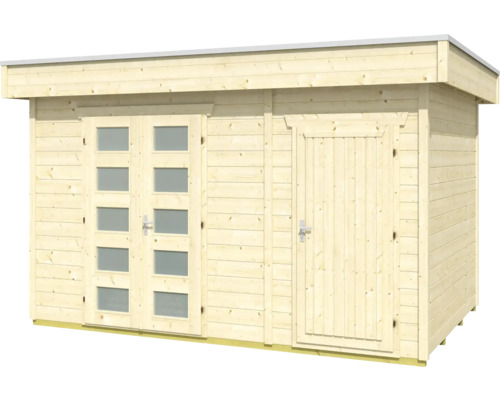 Dřevěný zahradní domek s dvoukřídlými a jednokřídlými dveřmi