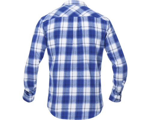 Pohled zezadu na kostkovanou flanelovou košili s dlouhým rukávem