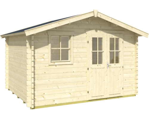 Dřevěný zahradní domek s oknem a dvoukřídlými dveřmi