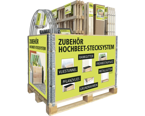 Příslušenství pro systém vyvýšených záhonů na paletě s mříží na popínání, netkaným tunelem, kovovou mříží a nástavcem pro pařeniště