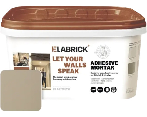Lepidlo na obkladové kameny 5 kg pískově šedá Elastolith Elabrick lepicí malta ve kbelíku s barevným polem