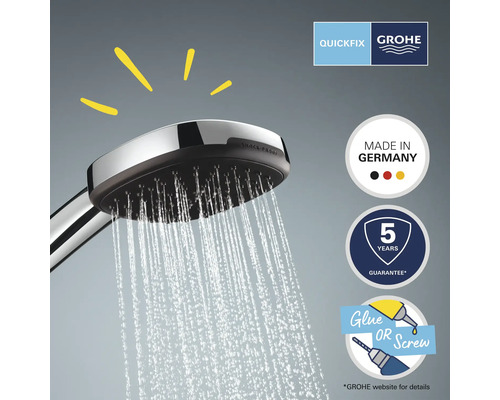 Ruční sprcha Grohe s proudem vody a loga a pečetě k vlastnostem produktu, jako jsou Quickfix, Vyrobeno v Německu, pětiletá záruka a lepení nebo šroubování