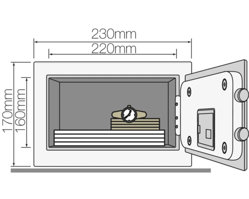Ilustrace trezoru o rozměrech 230 mm šířka, 170 mm výška a 220 mm hloubka