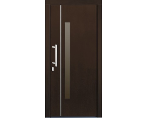 Hnědé vchodové dveře s klikou a skleněnou výplní