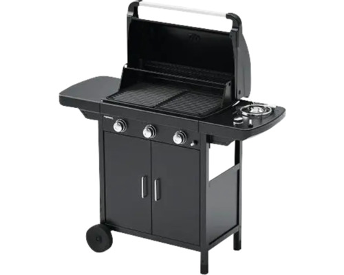 Černý plynový gril s odkládacími plochami, grilovací mřížkou a spodní skříňkou