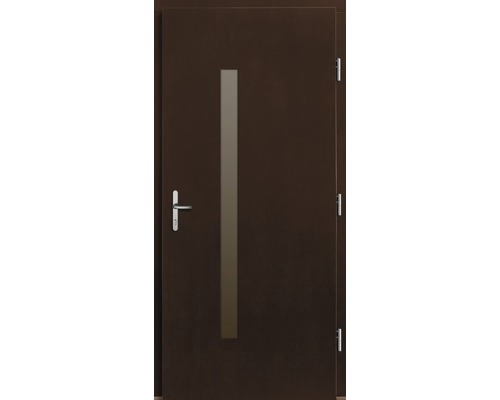 Hnědé vchodové dveře se skleněnou vložkou a madlem z nerezové oceli