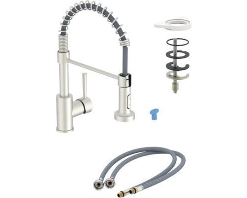Kuchyňská baterie se spirálovou pružinou, sprchovou hadicí a montážním příslušenstvím