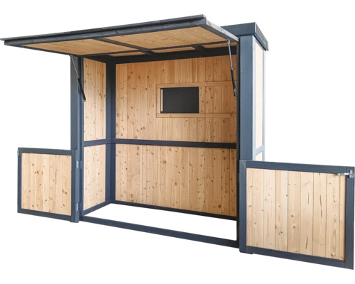 Prodejní stánek ze dřeva s oknem a sklopnou střechou