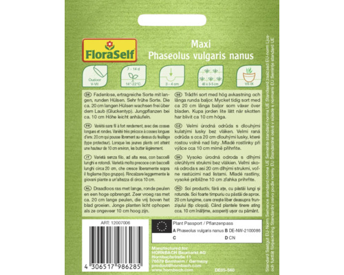 Balení semen Phaseolus vulgaris nanus, velmi raná odrůda s dlouhými kulatými lusky pro venkovní pěstování.