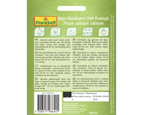 FloraSelf Semena Kleine Rheinländerin, Pisum sativum sativum