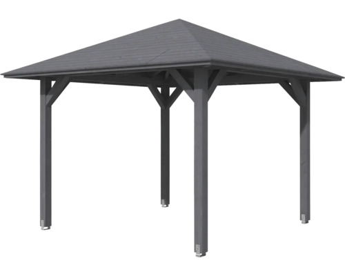 Dřevěný pavilon s obdélníkovým půdorysem a špičatou střechou