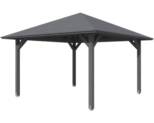 Čtvercový zahradní altán s dřevěnou konstrukcí a střechou