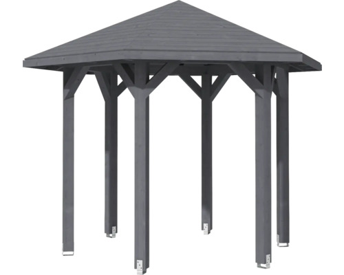 Dřevěný zahradní altán s šestihranným tvarem a špičatou střechou