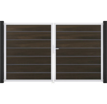 Dvoukřídlá brána s vzhledem dřeva a bílým rámem