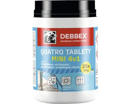 Bazénová chemie Cranit Quatro tablety MINI 4v1 500 g Debbex Quatro tablety Mini 4 v 1, 25 kusů, 20 g, pro dezinfekci a stabilizaci chloru v bazénech