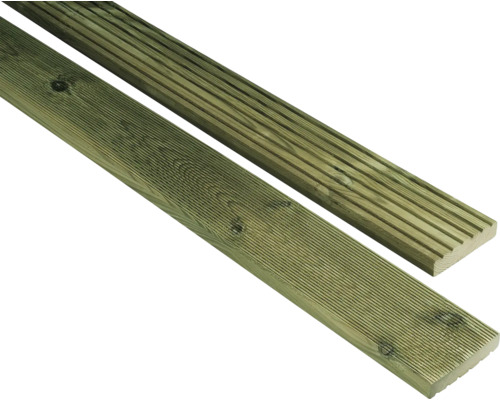 Dřevěné terasové prkno borovice 21 x 120 x 2500 mm impregnované Dvě rýhované terasové desky ze dřeva