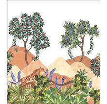 Ilustrace krajiny se stromy, kopci a leopardem