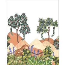 Ilustrace krajiny se stromy, kopci, rostlinami a leopardem