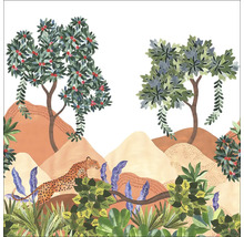 Ilustrace krajiny se stromy, horami a leopardem