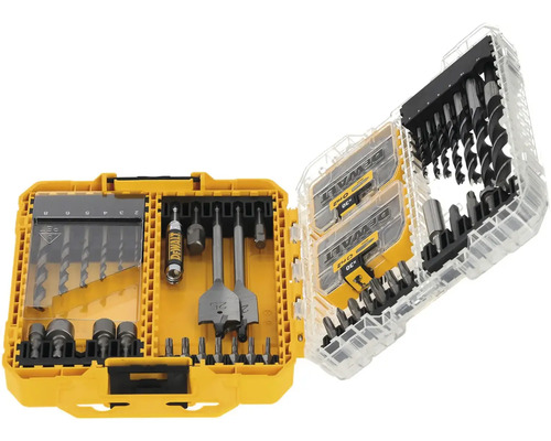 Sada vrtáků a bitů Dewalt v otevřeném žlutém plastovém kufříku
