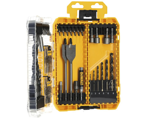 Sada vrtáků DeWalt s různými typy a velikostmi vrtáků v žlutém úložném boxu