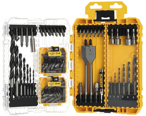 Sada vrtáků a šroubovacích bitů DeWalt v průhledné a žluté úložné krabici