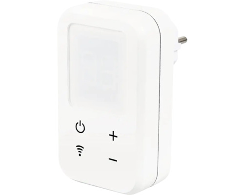 Bílá zásuvka s vypínačem, symbolem WiFi a symbolem plus-minus