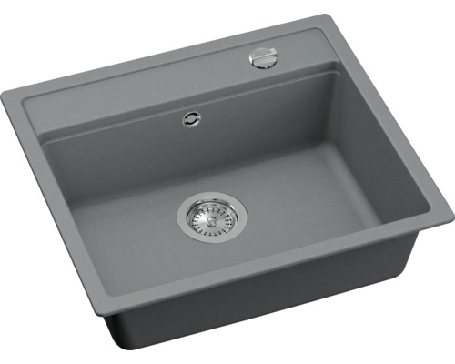 Šedý kompozitní kuchyňský dřez s odtokovou armaturou