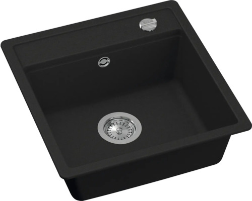 Černý dřez s odtokovou armaturou
